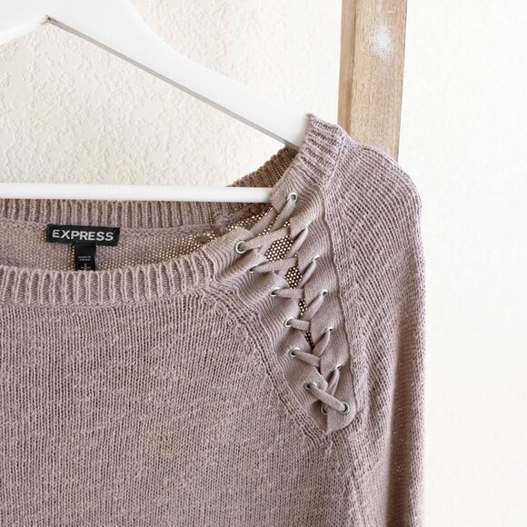 Express Sz Petite Small Taupe Sweater Lace-Up Shoulder Knit Pullover Long Sleeve - Picture 3 of 6